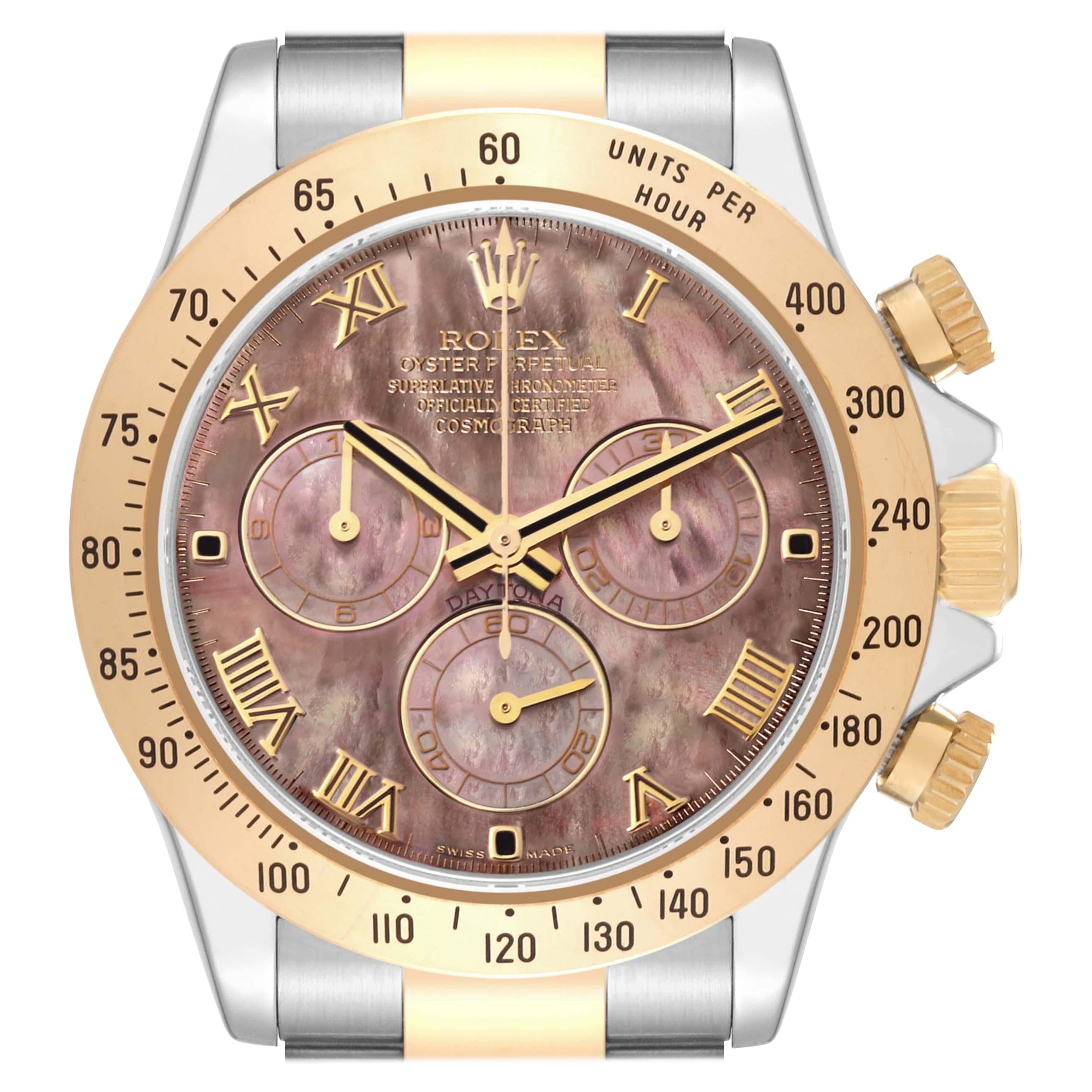 Rolex Daytona Yellow Gold Steel Mother of Pearl Mens Watch 116523 Box Card