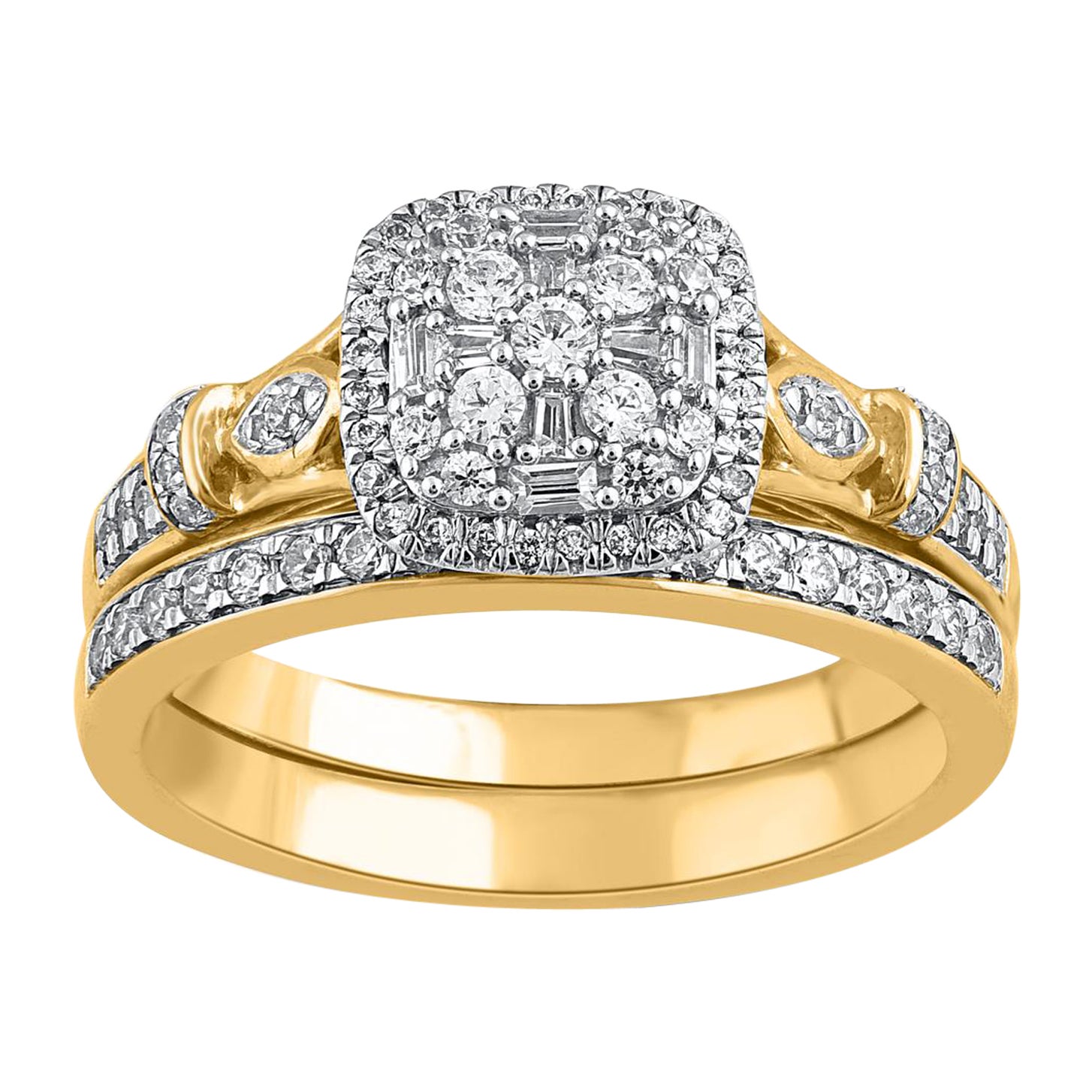 TJD 0.50 Carat Round and Baguette Cut Diamond 14KT Yellow Gold Halo Wedding Ring For Sale