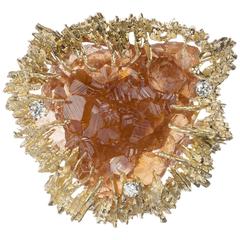 Vintage Brownish-Orange Fluorite Crystal and Diamond Brooch