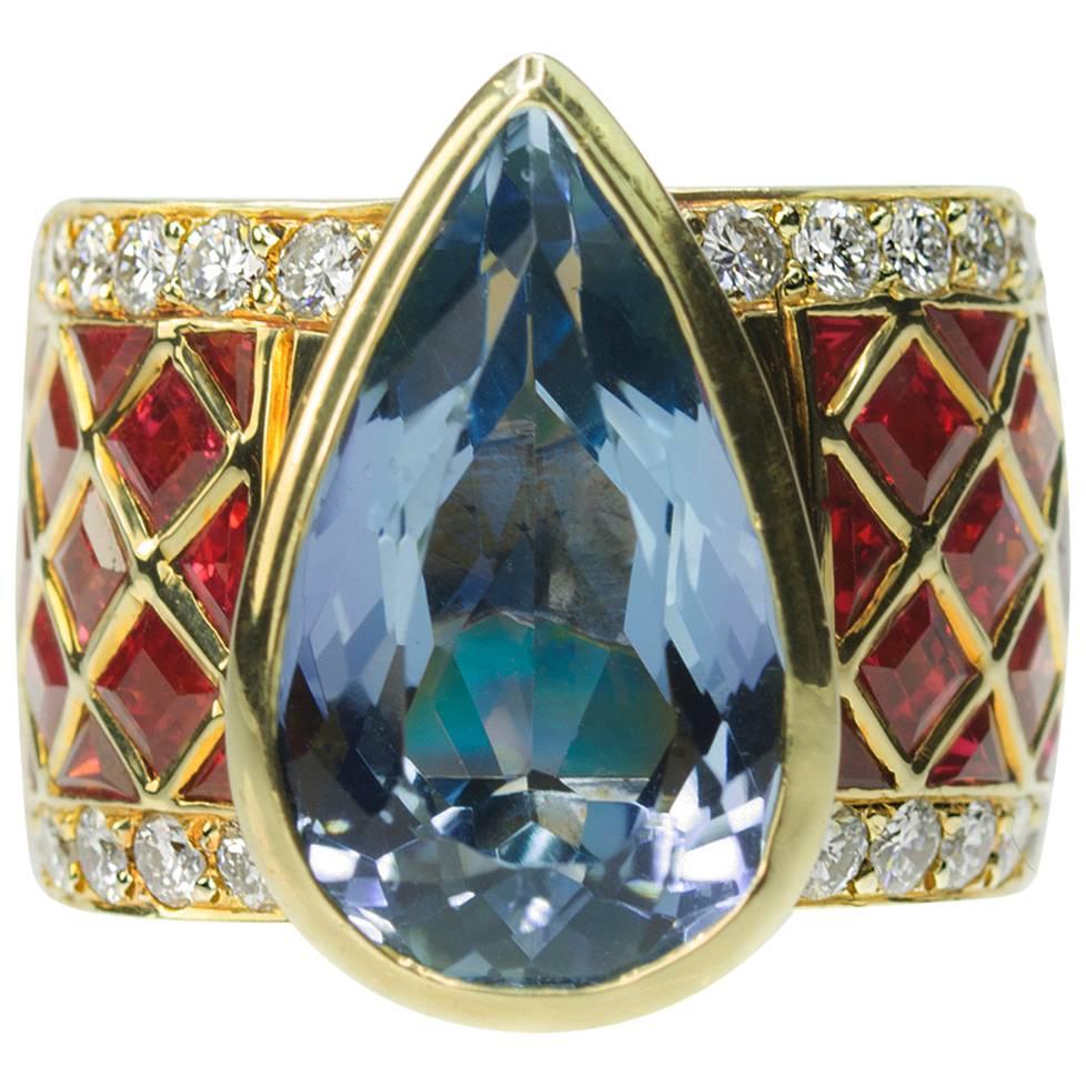 Migliore Aquamarine  Burma Ruby Diamond Ring