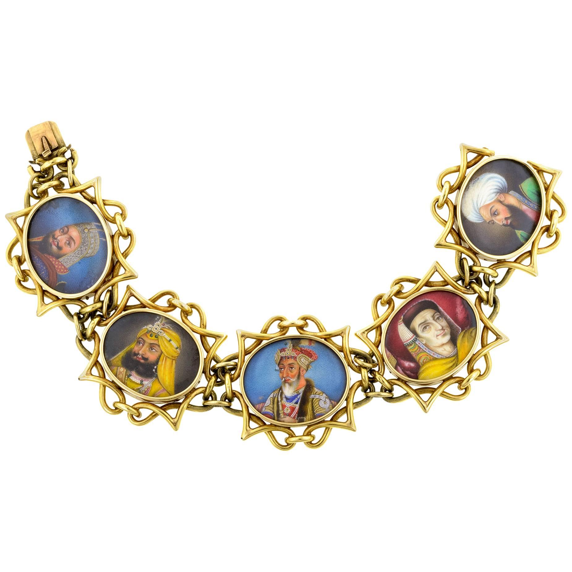 Retro Mughal Portrait Gold Bracelet For Sale