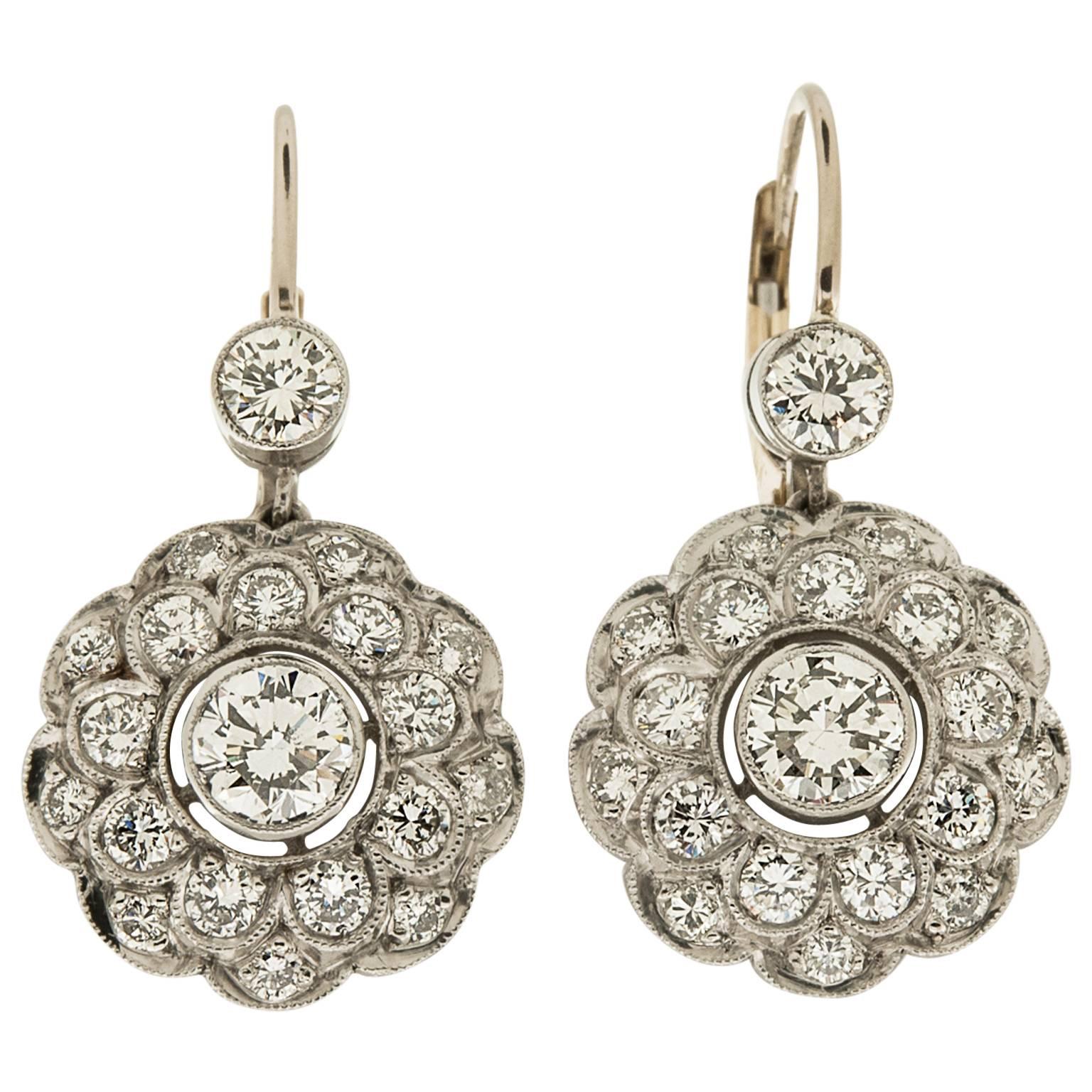 Diamond Floral Earrings in Platinum and Yellow Gold For Sale