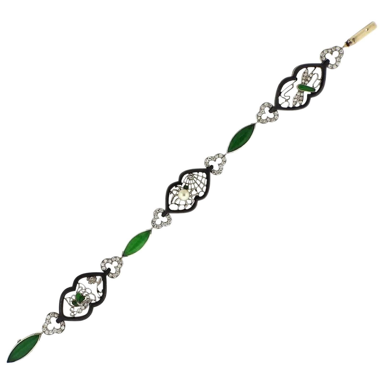 Marsh Art Deco Gold Oxidized Steel Jadeite Diamond Pearl Bracelet For Sale