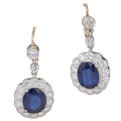 1930's Scissor Cut Sapphire & Diamond Platinum Floral Cluster Drop Earrings