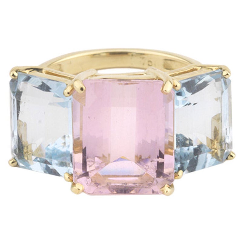 18kt Yellow Gold Emerald Cut Ring with Pink Topaz and Blue Topaz