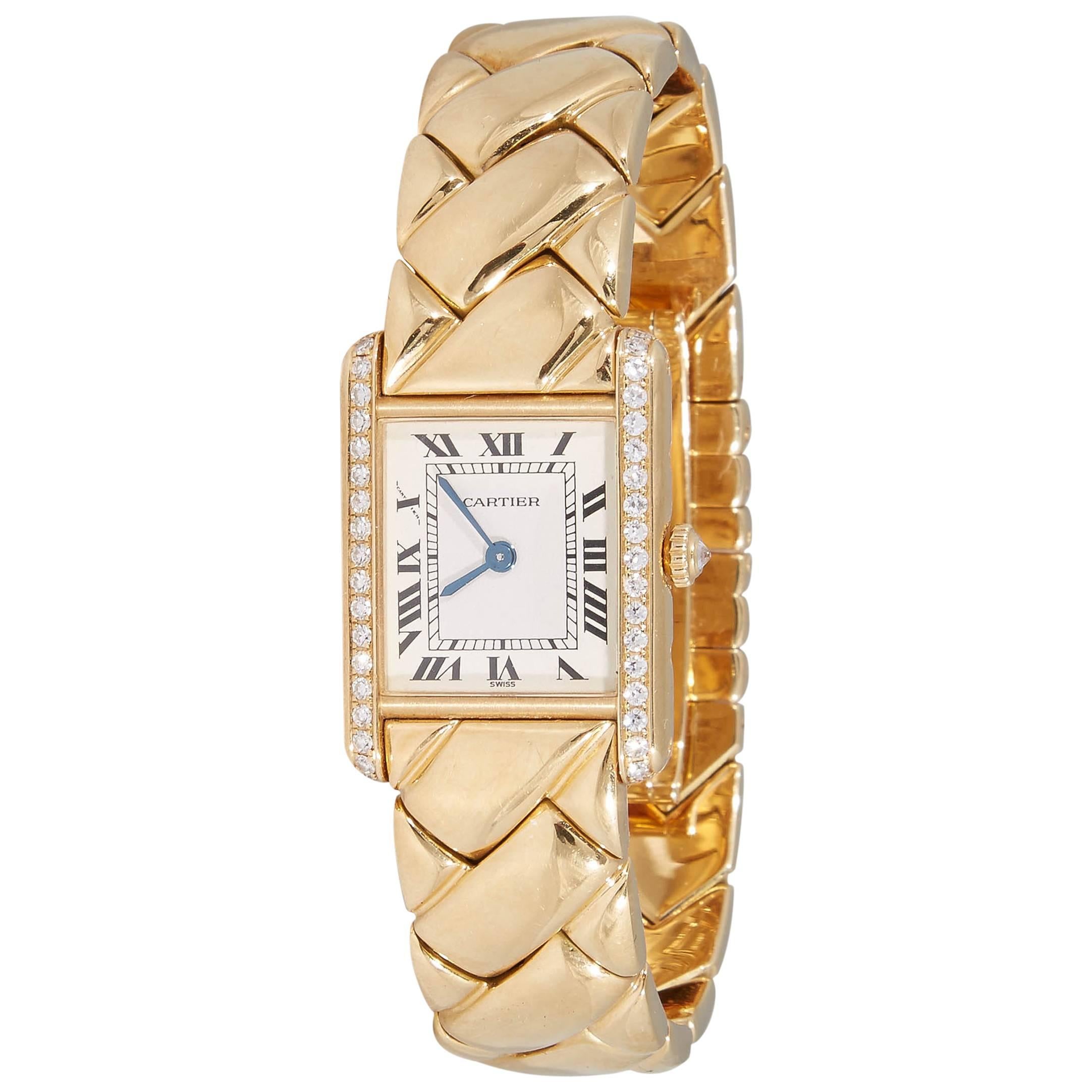 1980's Cartier Paris Woven Pattern Tank Style Gold & Diamond Watch