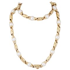 1980's Bulgari Pearl Necklace Bracelet Gold Combination Set