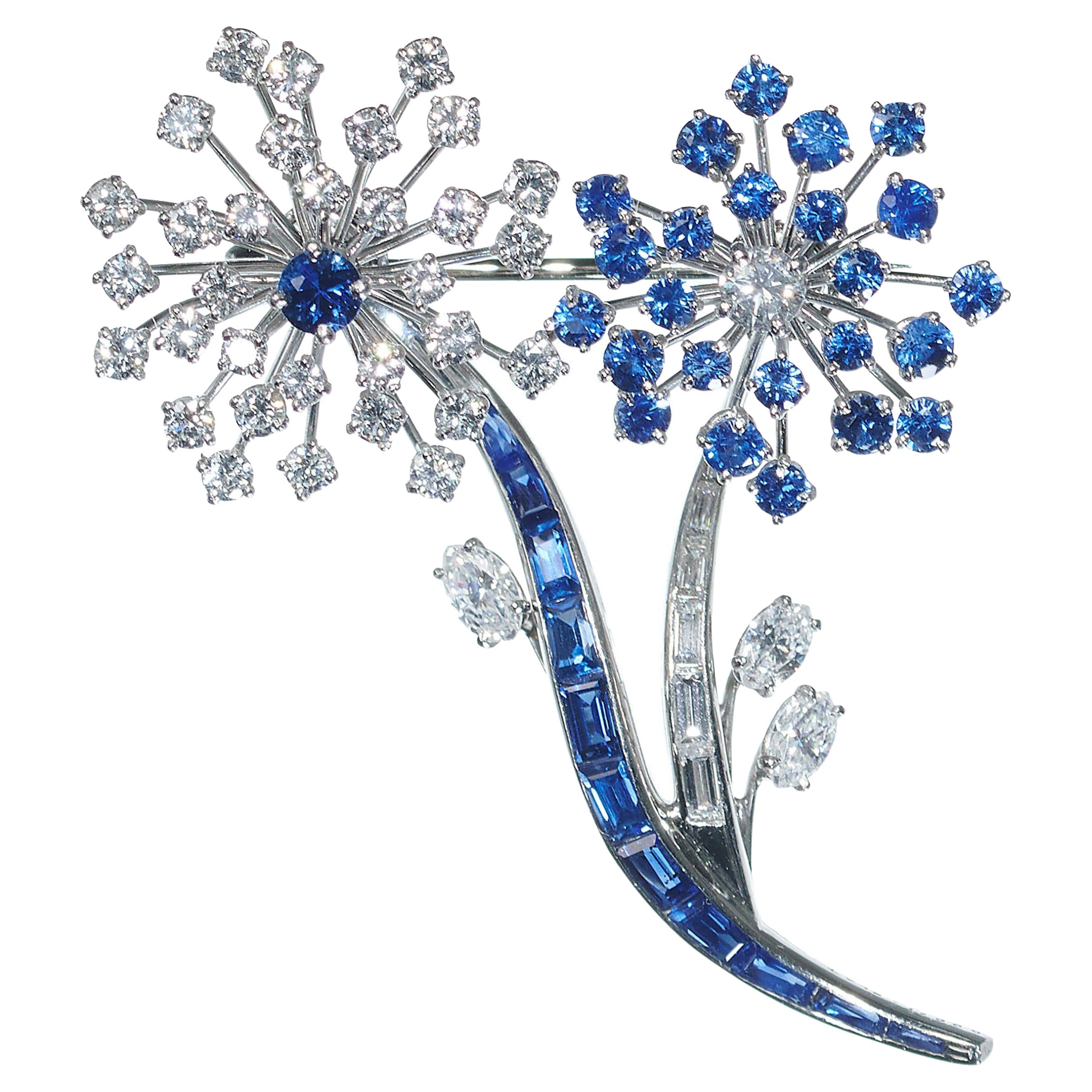Vintage Oscar Heyman Sapphire, Diamond And Platinum Flower Brooch, Circa 1964 For Sale