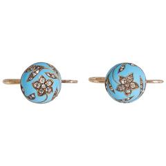 1880
s Turquoise Blue Enamel With Diamonds, Gold Floral 
Ball Motif Earings