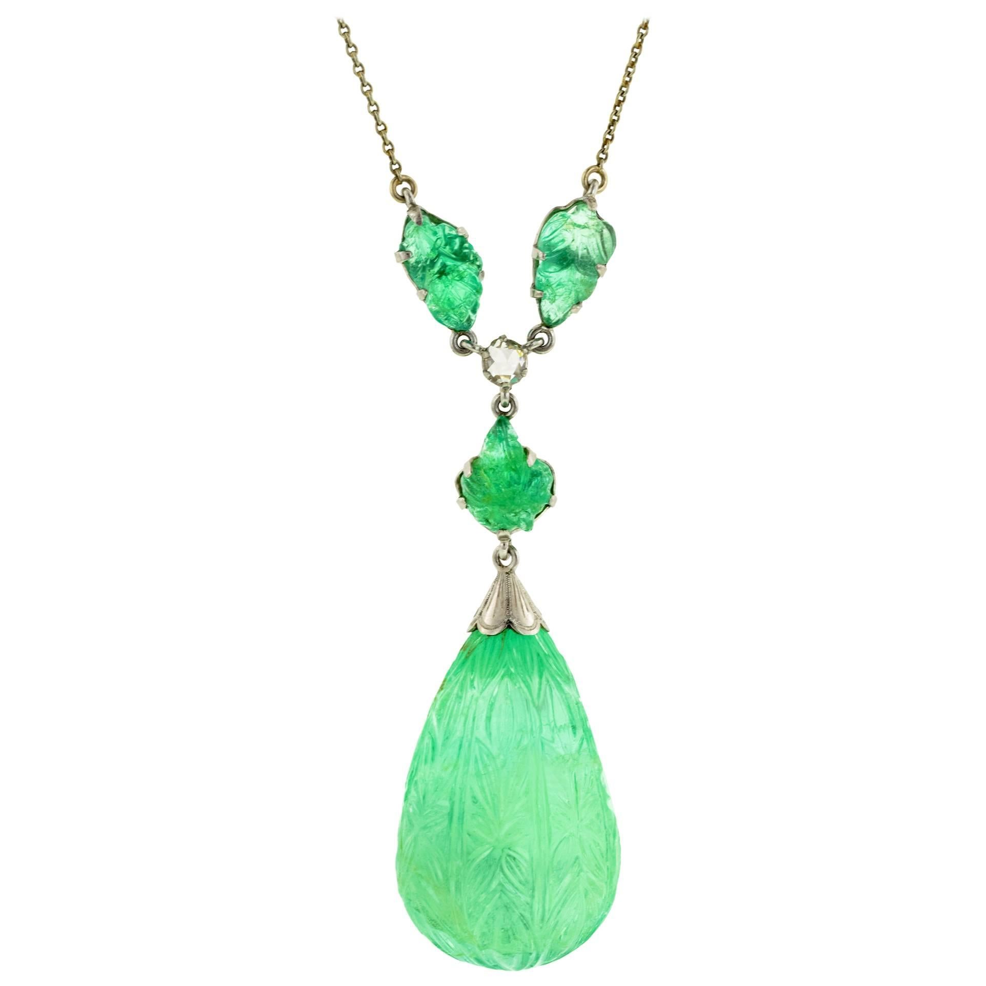Art Deco Carved Emerald  Diamond Lavaliere Necklace For Sale