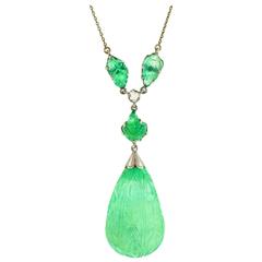 Art Deco Carved Emerald  Diamond Lavaliere Necklace