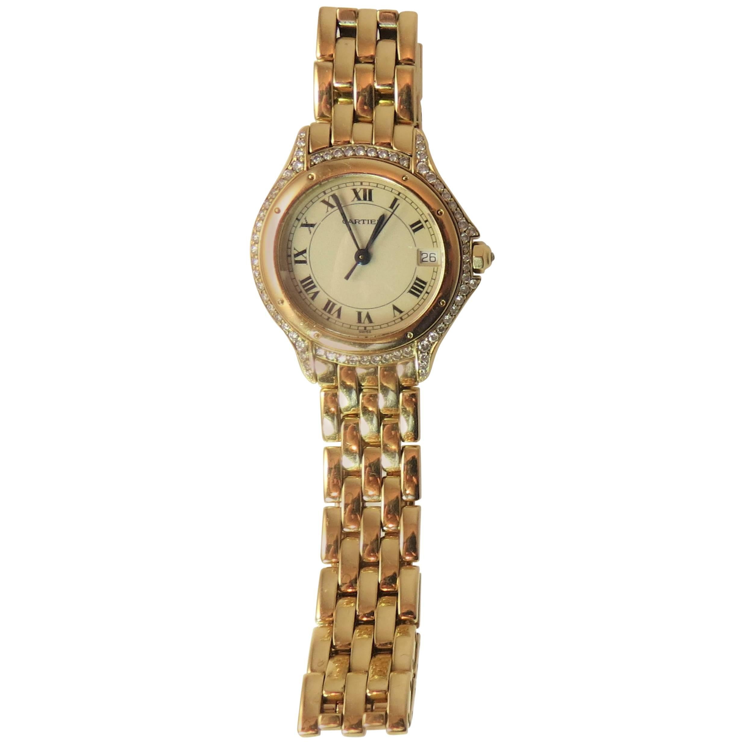 Ladies Pre-owned Cartier 18K Yellow Gold Diamond Cougar Bracelet Watch