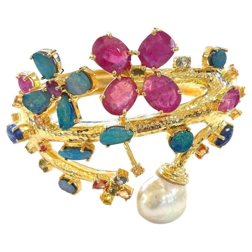 Bochic “Capri” Natural Ruby, Sapphire & Blue Opal Bangle Set In 18k Gold&Silver  For Sale