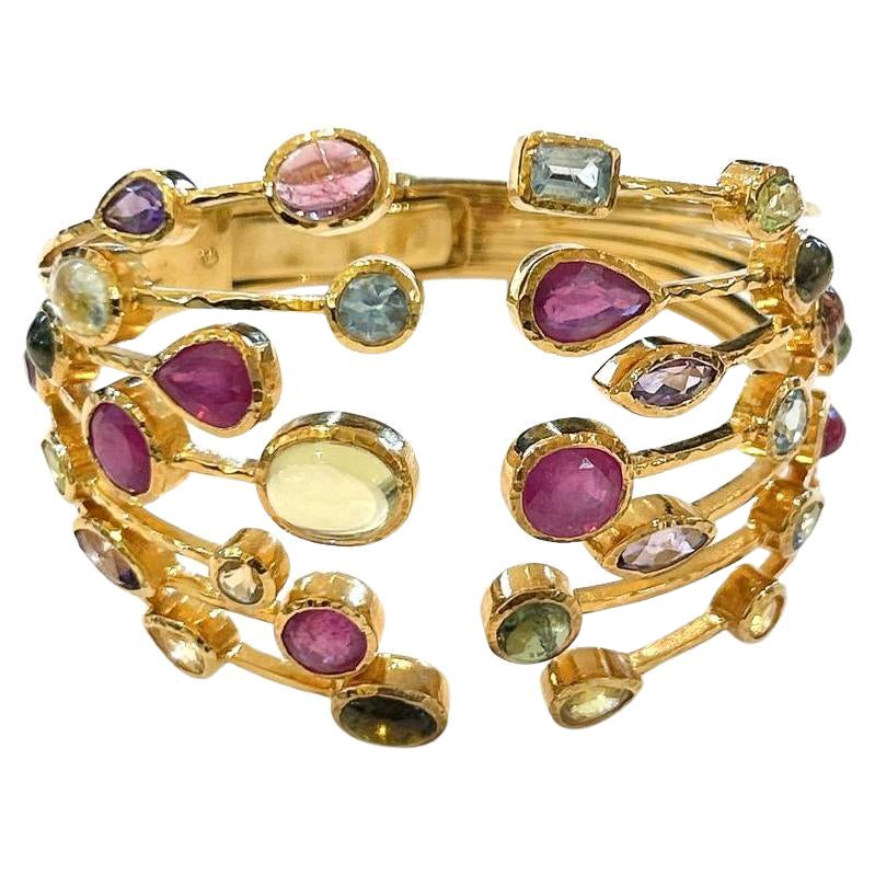 Bochic “Capri” Ruby & Multi Natural Gem Cuff Set In 18K Gold & Silver  For Sale