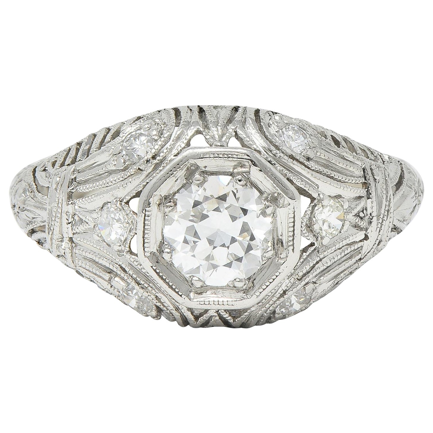 1928 Art Deco 0.56 CTW Old European Diamond Platinum Engagement Ring For Sale