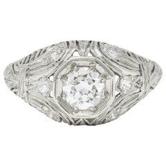 Bague de fiançailles Art déco de 1928 en platine avec diamant européen ancien 0,56 carat