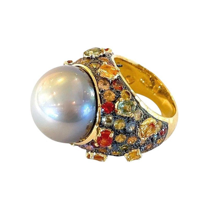 Bochic “Capri” Multi Sapphire & Tahiti Pearl Ring Set In 18K Gold & Silver  For Sale
