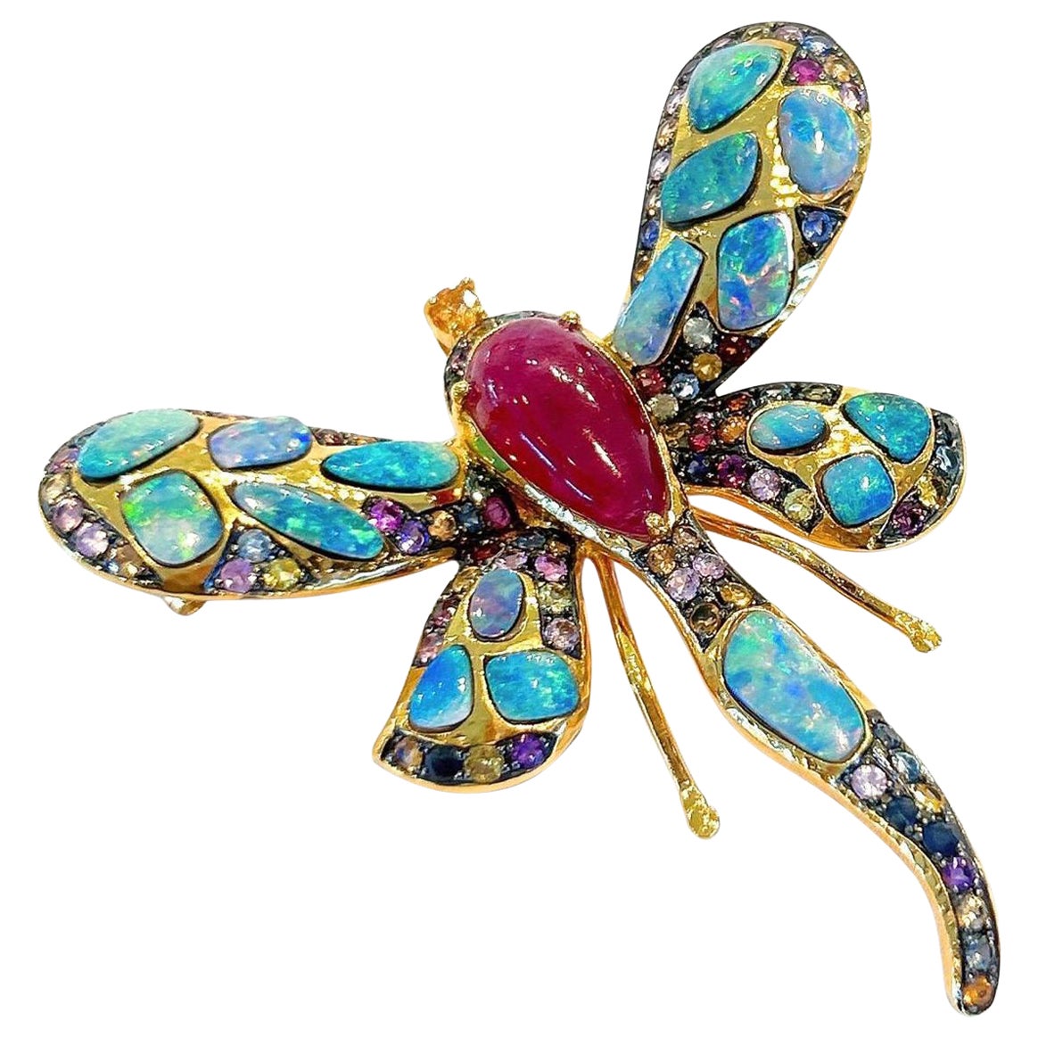 Bochic “Orient” Opal, Ruby & Multi Color Sapphires Set Brooch 18K Gold & Silver 