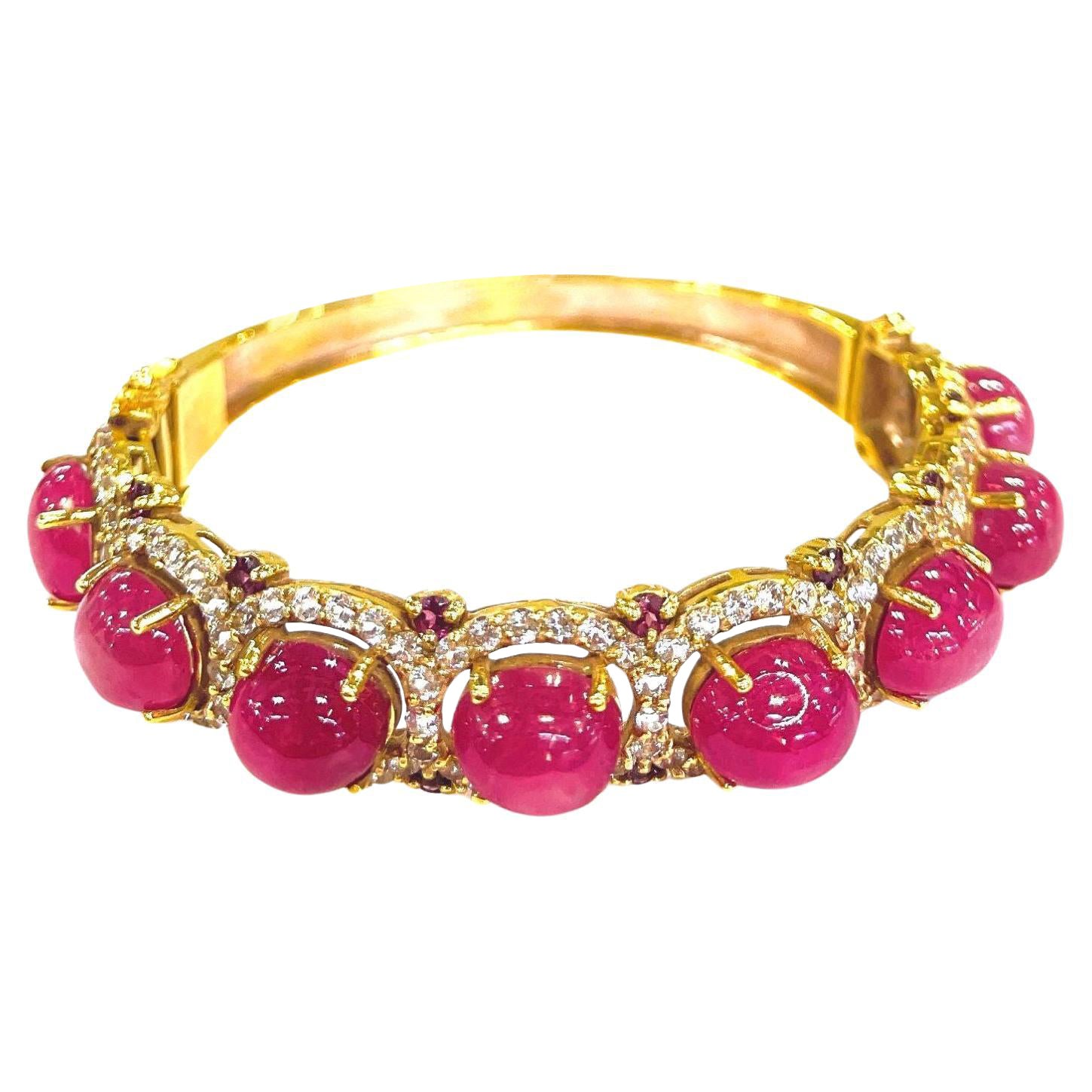 Bochic “Capri” Red Ruby & White Topaz Bangle Set In 18K Gold & Silver  For Sale