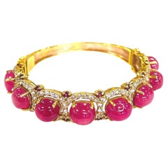 Used Bochic “Capri” Red Ruby & White Topaz Bangle Set In 18K Gold & Silver 