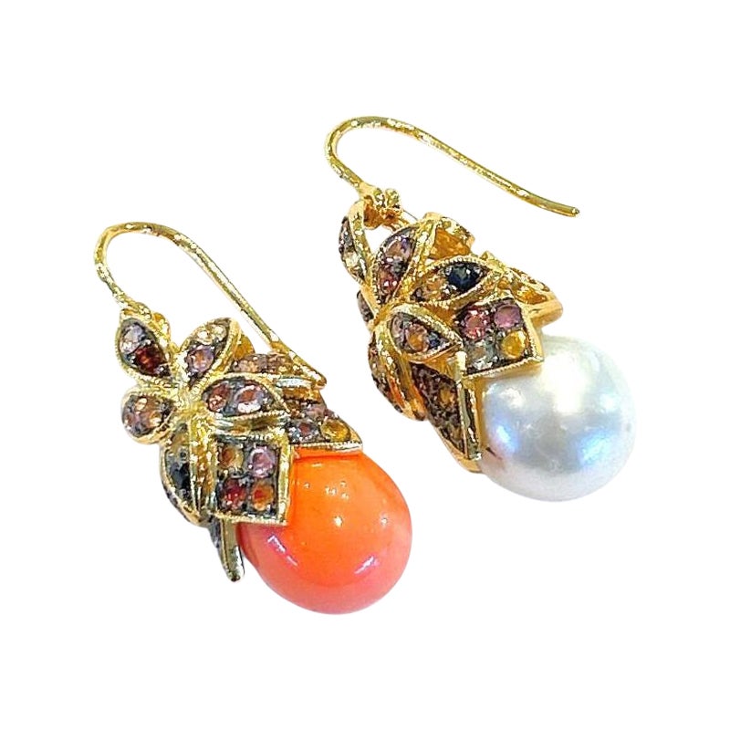 Bochic “Capri” Coral, Pearl & Rose Cut Sapphire Earrings Set18K Gold & Silver  For Sale