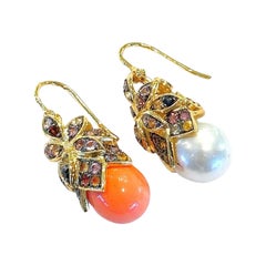 Used Bochic “Capri” Coral, Pearl & Rose Cut Sapphire Earrings Set18K Gold & Silver 