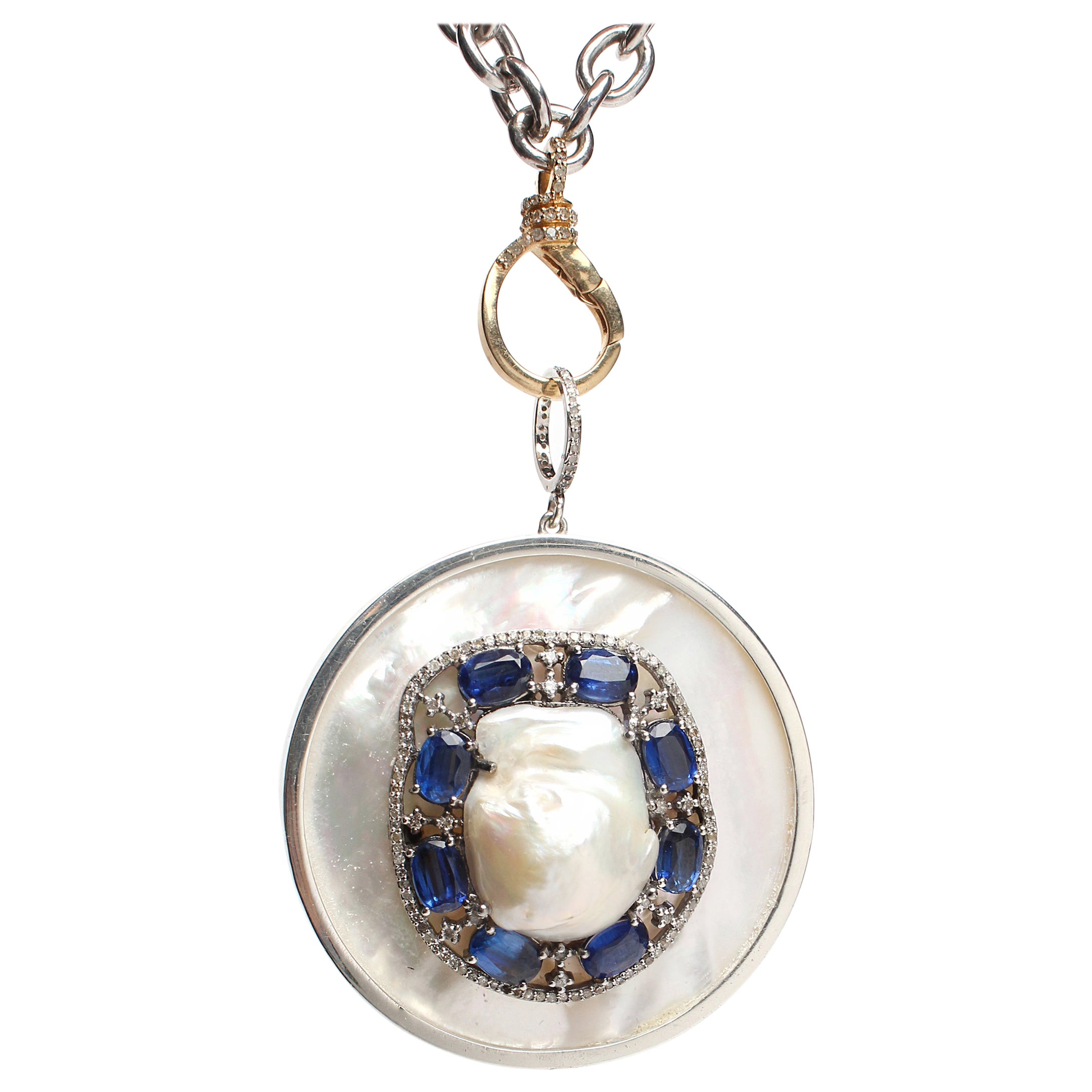 CLARISSA BRONFMAN Mother Of Pearl Sapphire Pearl Diamond Sterling Silver Pendant For Sale