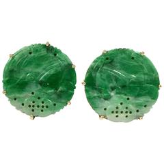 Retro Old Carved Jade Gold Cufflinks