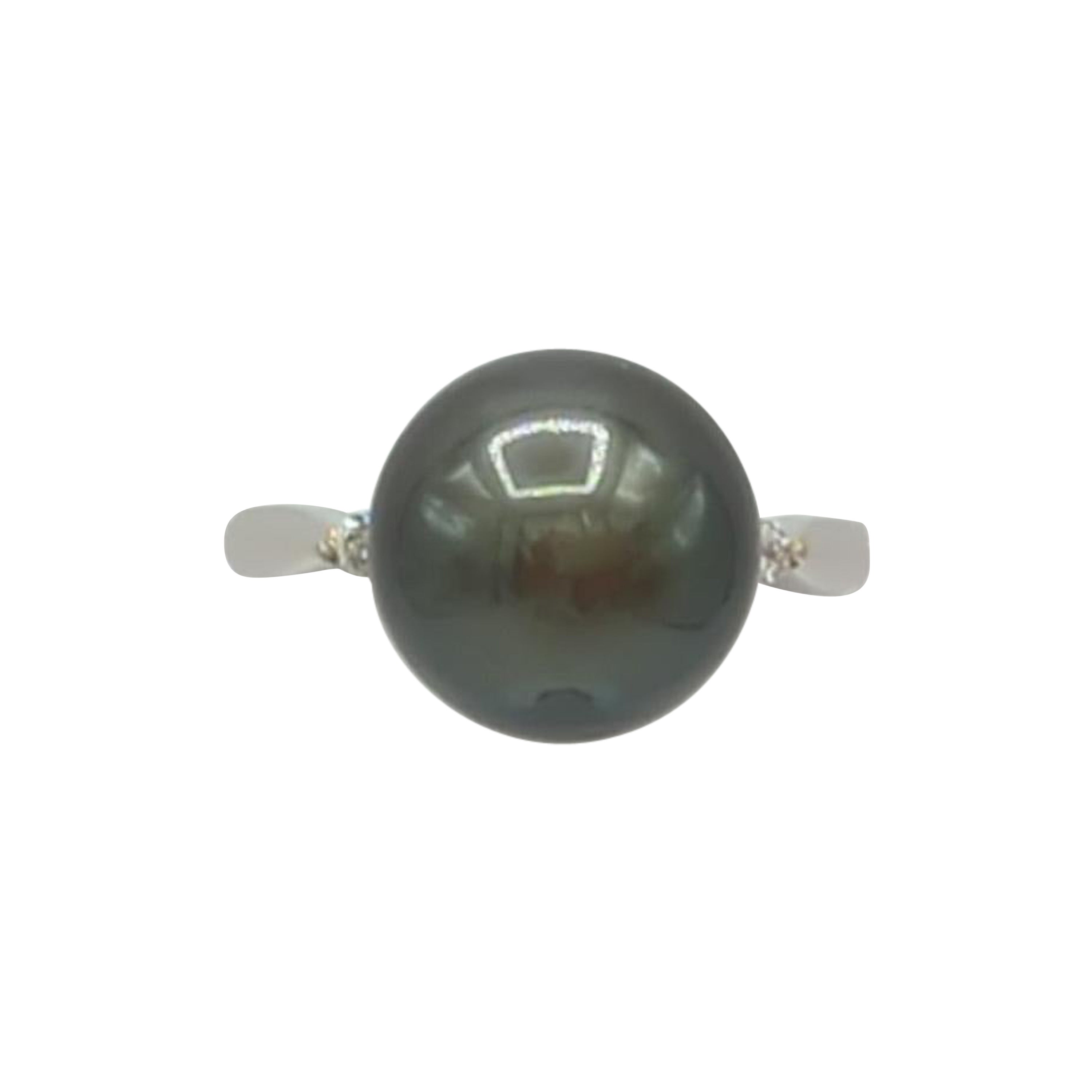 Black Tahitian Pearl and White Diamond Ring in 18K White Gold For Sale