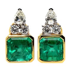 Retro Gold 7.25 Carats GIA Certified Natural Colombian Emerald Diamond Earrings