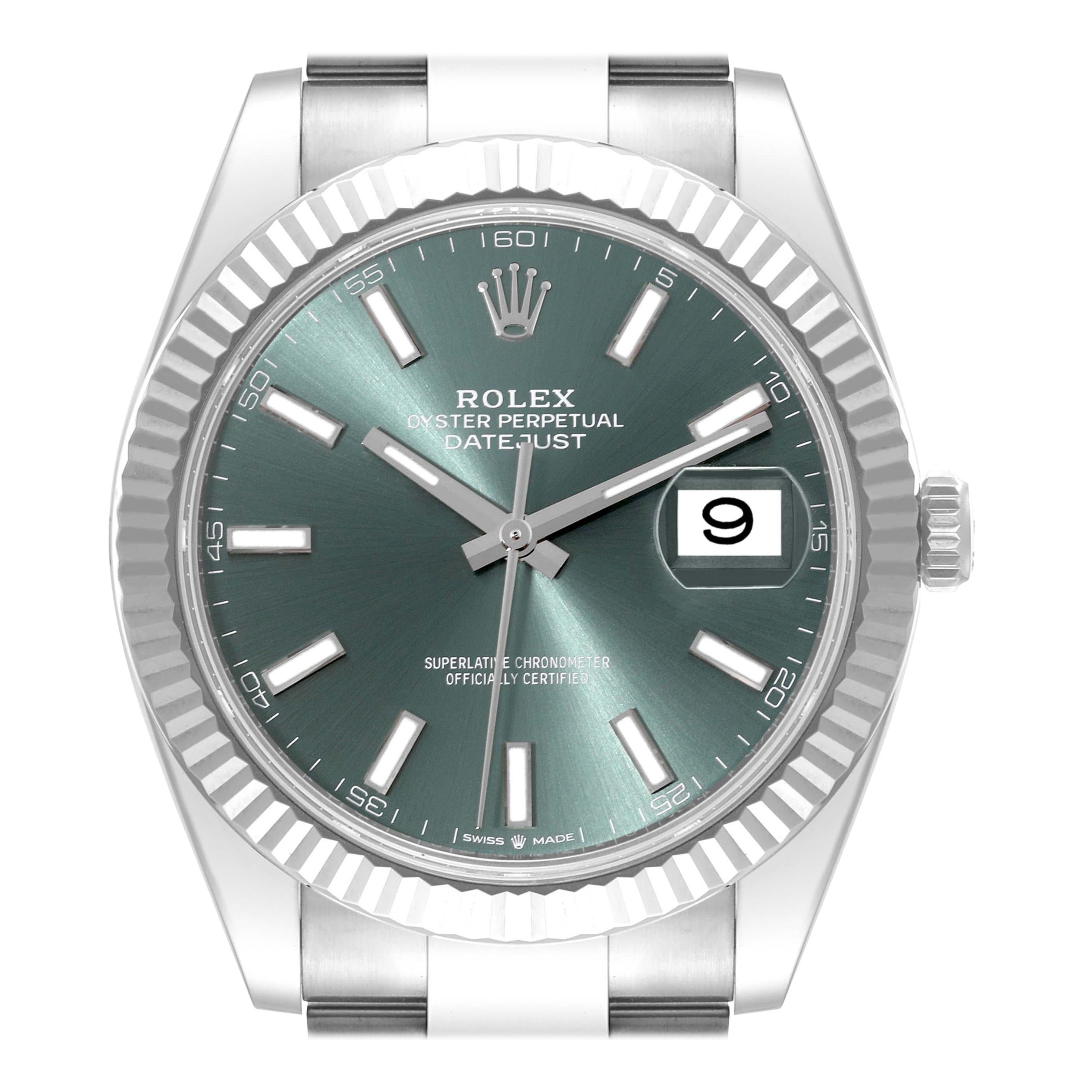 Rolex Datejust 41 Steel White Gold Mint Green Dial Mens Watch 126334 Box Card