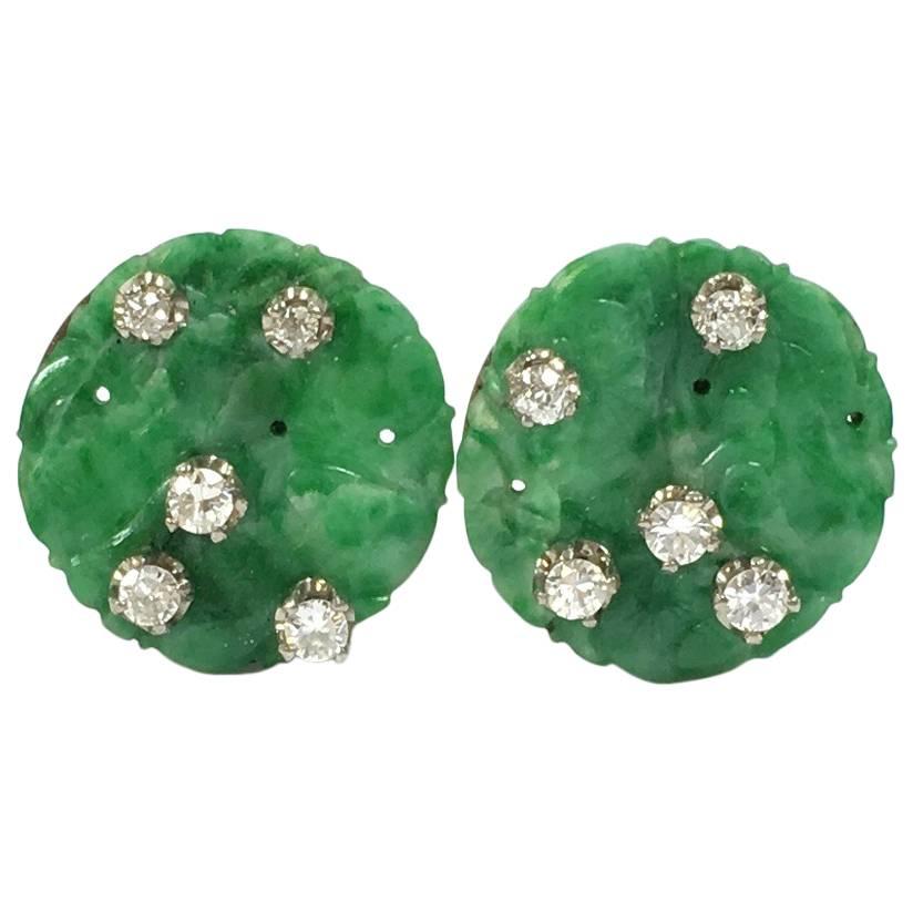 Carved Jade and Diamond Gold Earrings
