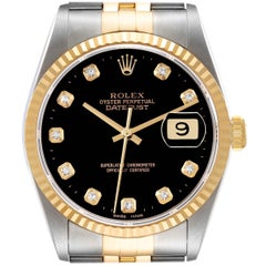 Rolex Datejust 36 Steel Yellow Gold Black Diamond Dial Mens Watch 16233