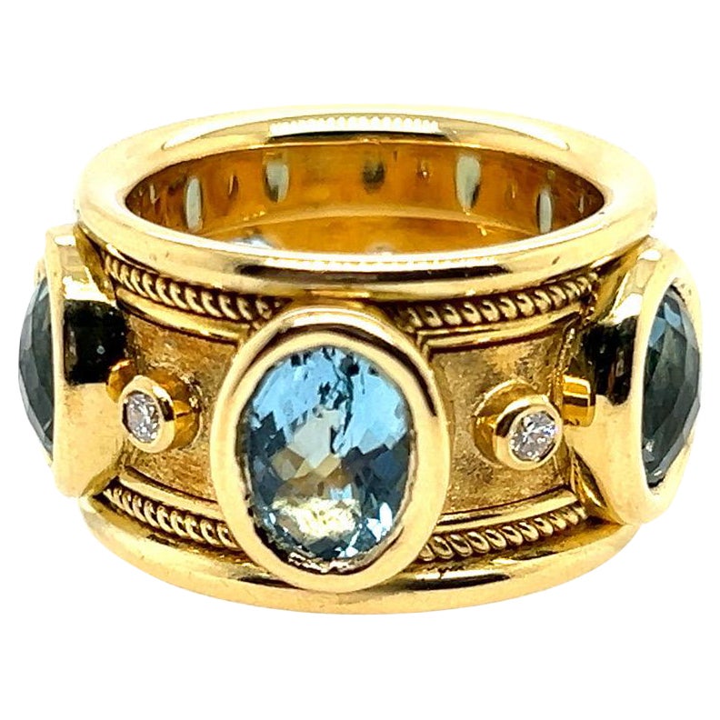 Retro Gold Signed Christoff Natural Swiss Blue Topaz Diamond Cocktail Band Ring For Sale