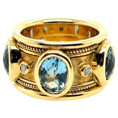 Retro Gold Signed Christoff Natural Swiss Blue Topaz Diamond Cocktail Band Ring