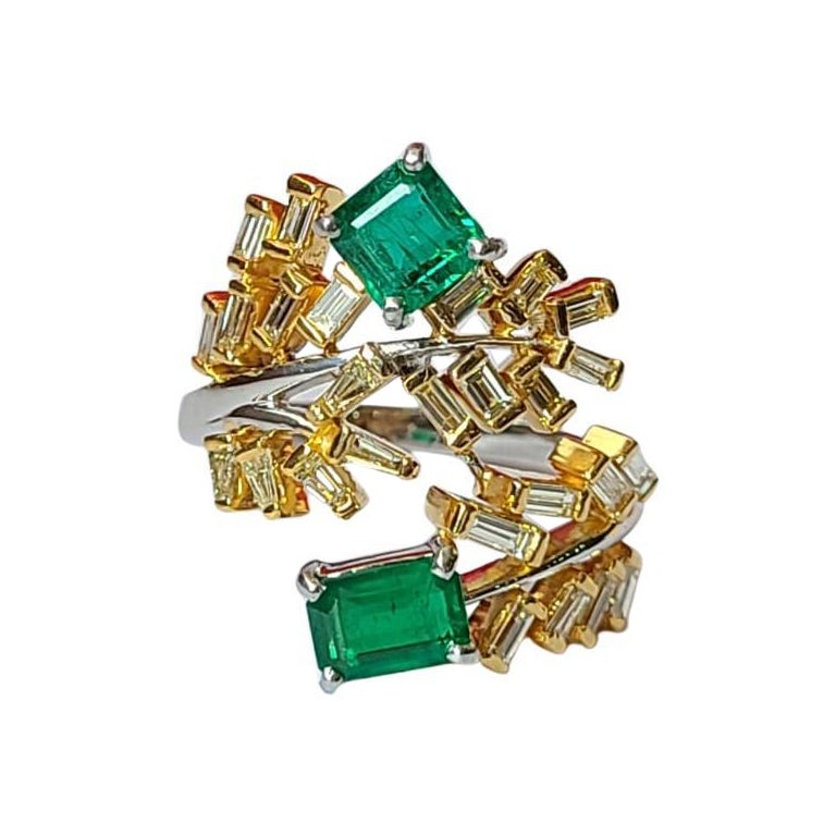 Set in 18K Gold, Natural Zambian Emerald & Yellow Diamonds Cocktail Ring For Sale