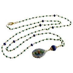 Micro Malachite Lapis Antique Enamel Baby Moses Basket Locket Necklace