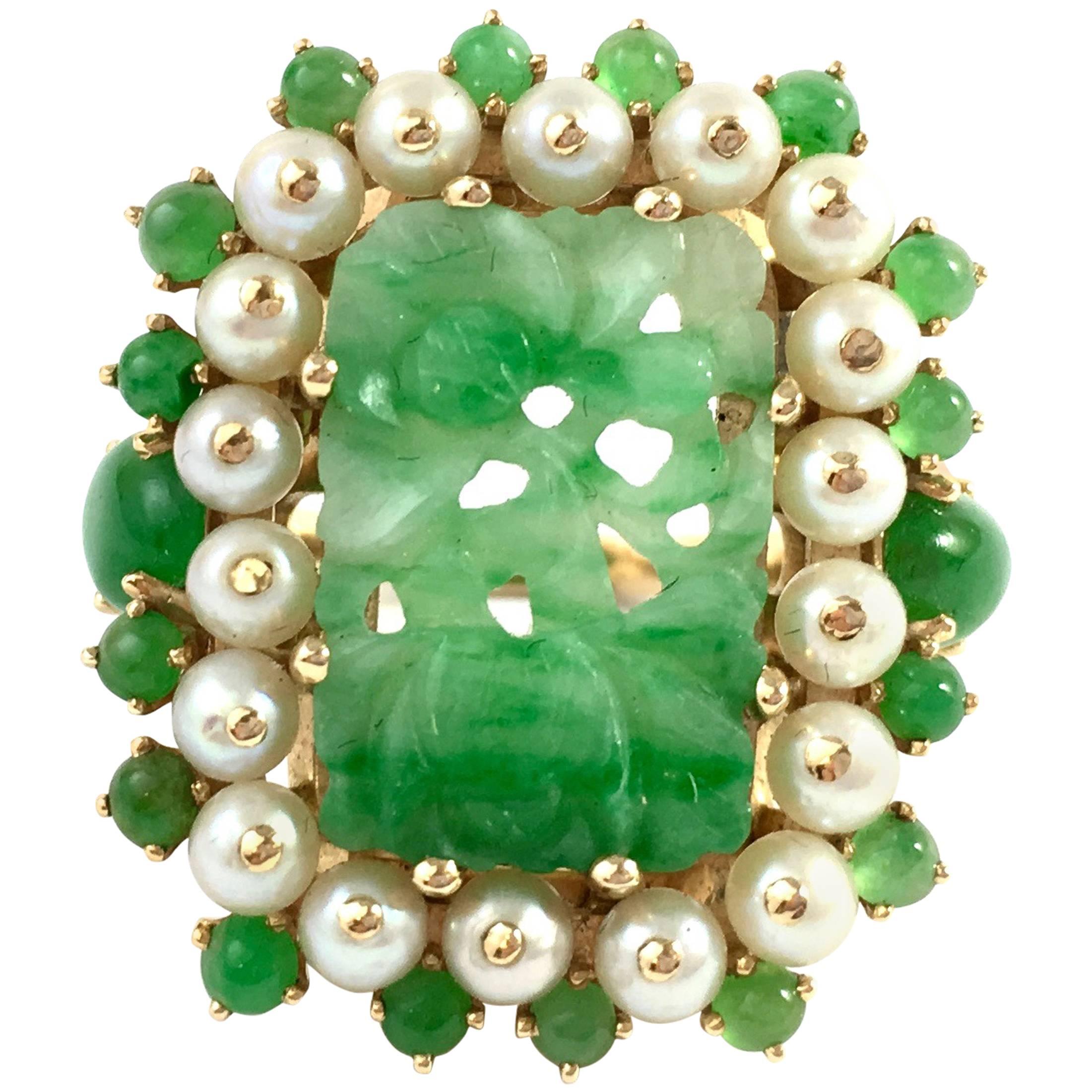 Carved Jade Pearl Gold Ring