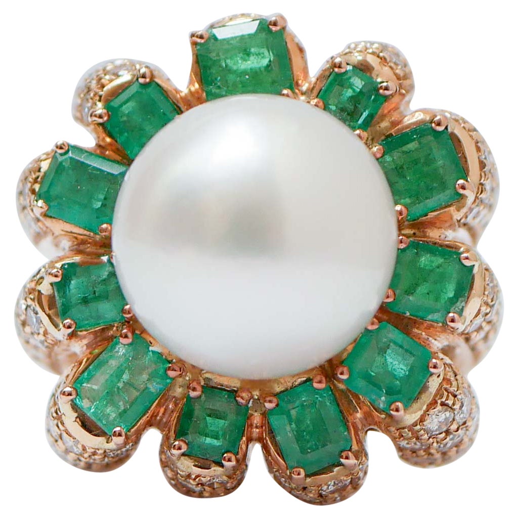 South-Sea Pearl, Emeralds, Diamonds, 14 Karat Rose Gold Ring. For Sale