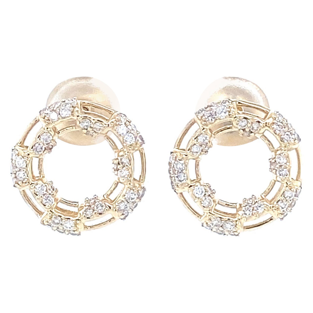 Circle Round Diamonds Stud Earrings in 18K Solid Gold For Sale