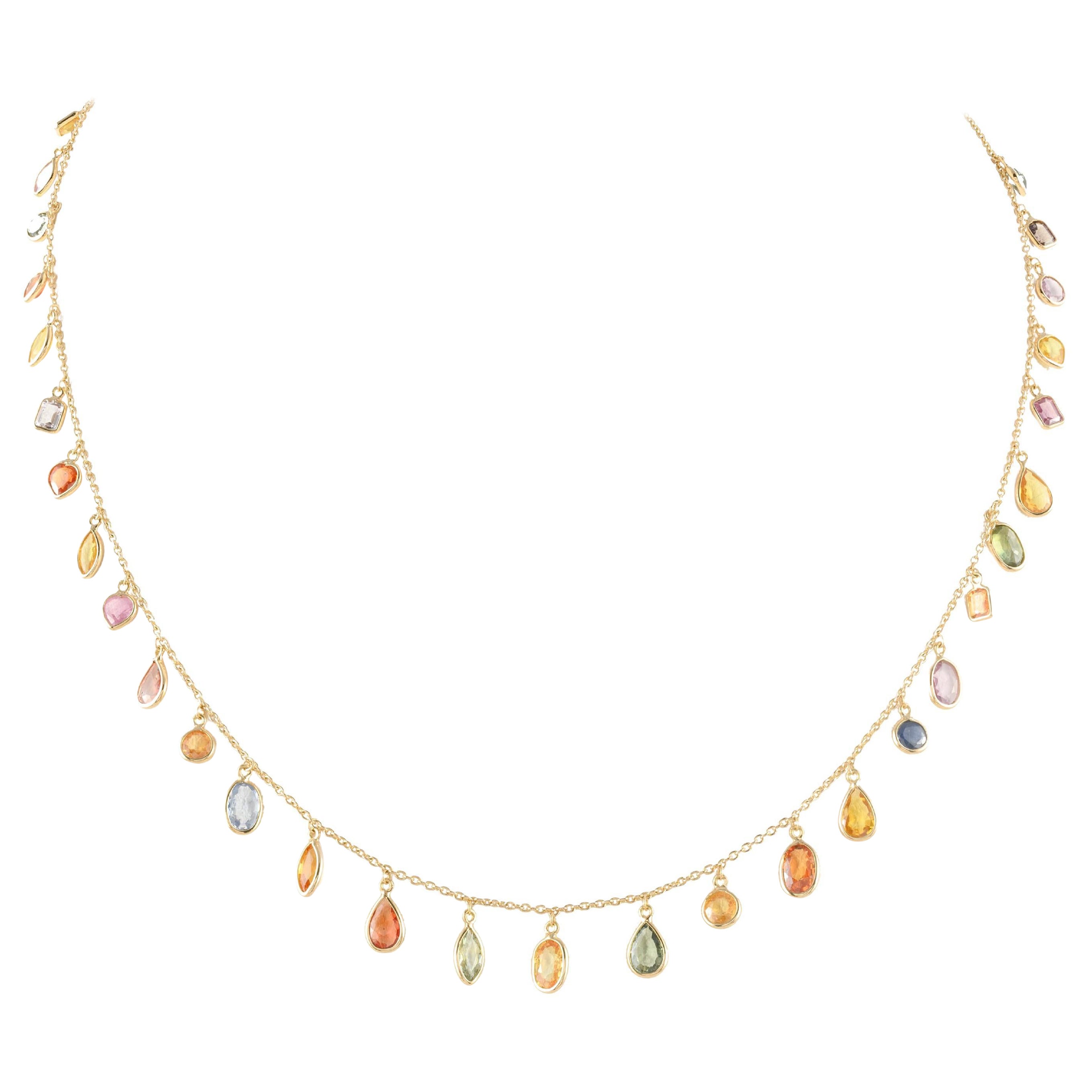 Colorful 18k Yellow Gold Dangling Multi Sapphire Chain Necklace, Bridesmaid Gift