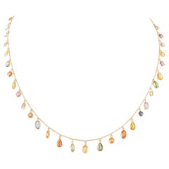 Colorful 18k Yellow Gold Dangling Multi Sapphire Chain Necklace, Bridesmaid Gift