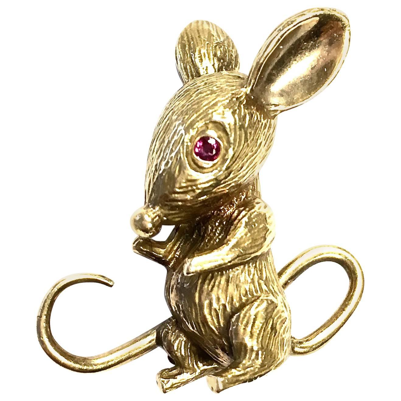 Ruby and Yellow Gold Mouse Pin Brooch