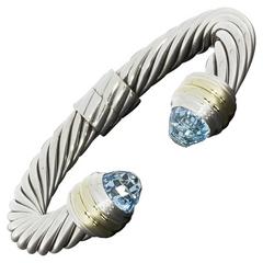 David Yurman Silver & Gold Blue Topaz 10mm Cable Classics Cuff Bracelet