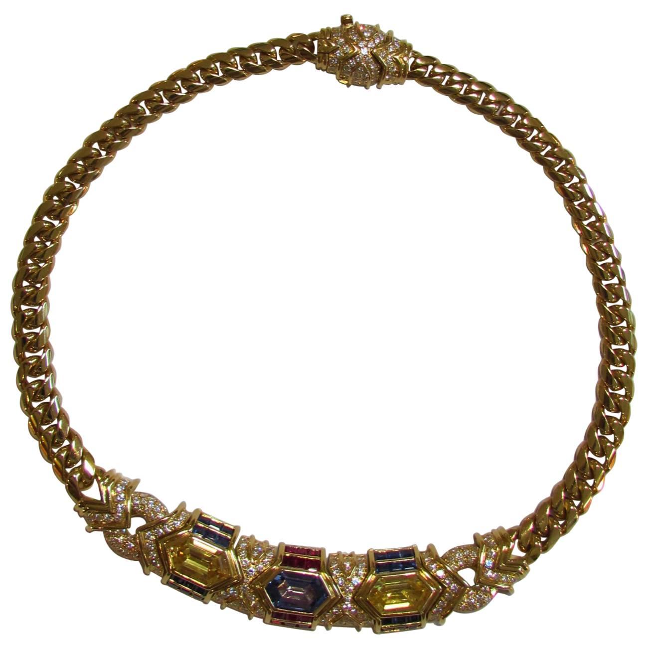 1970s Bulgari Sapphire Ruby Diamond Gold Necklace