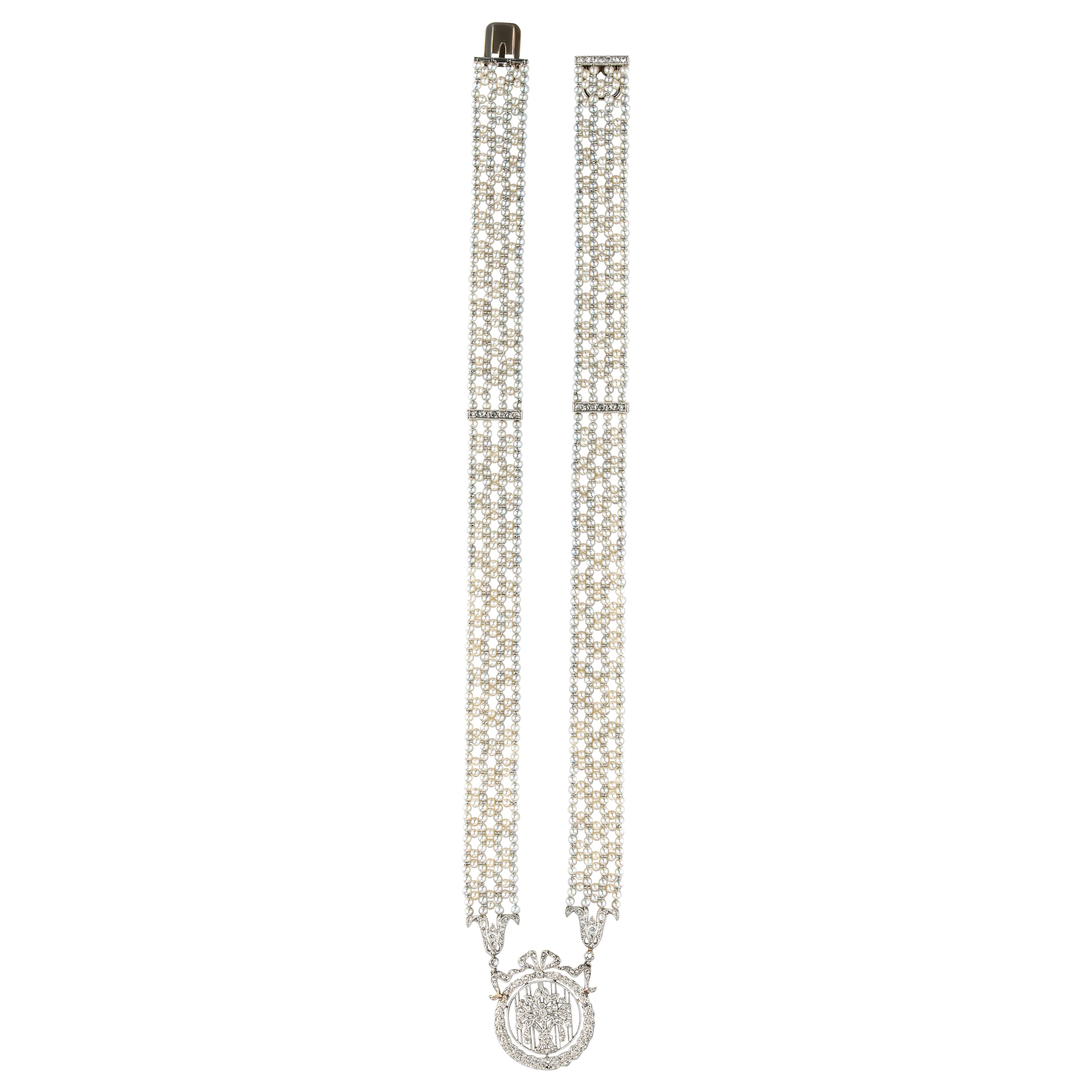 Edwardian Vintage Necklace Platinum Diamonds Seed Pearls ca. 1910 For Sale