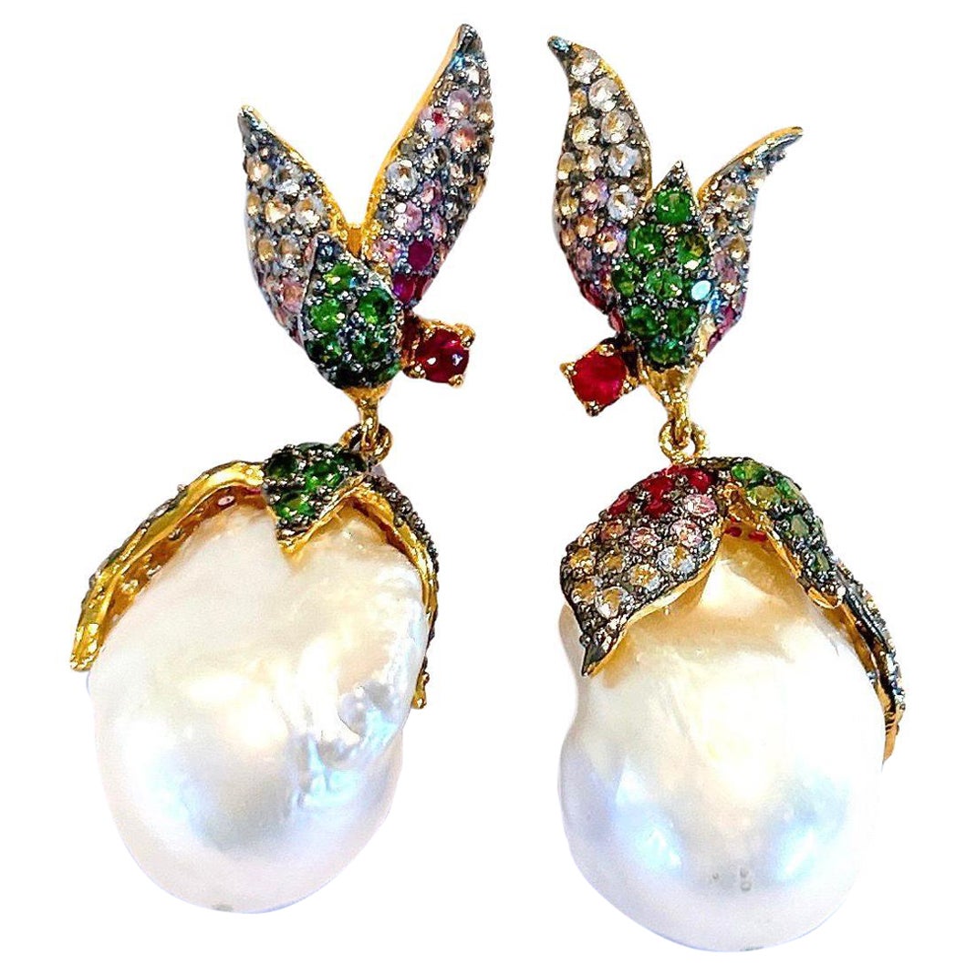 Bochic “Orient” Multi Color Sapphire & South Sea Pearl Earrings 18K Gold&Silver For Sale