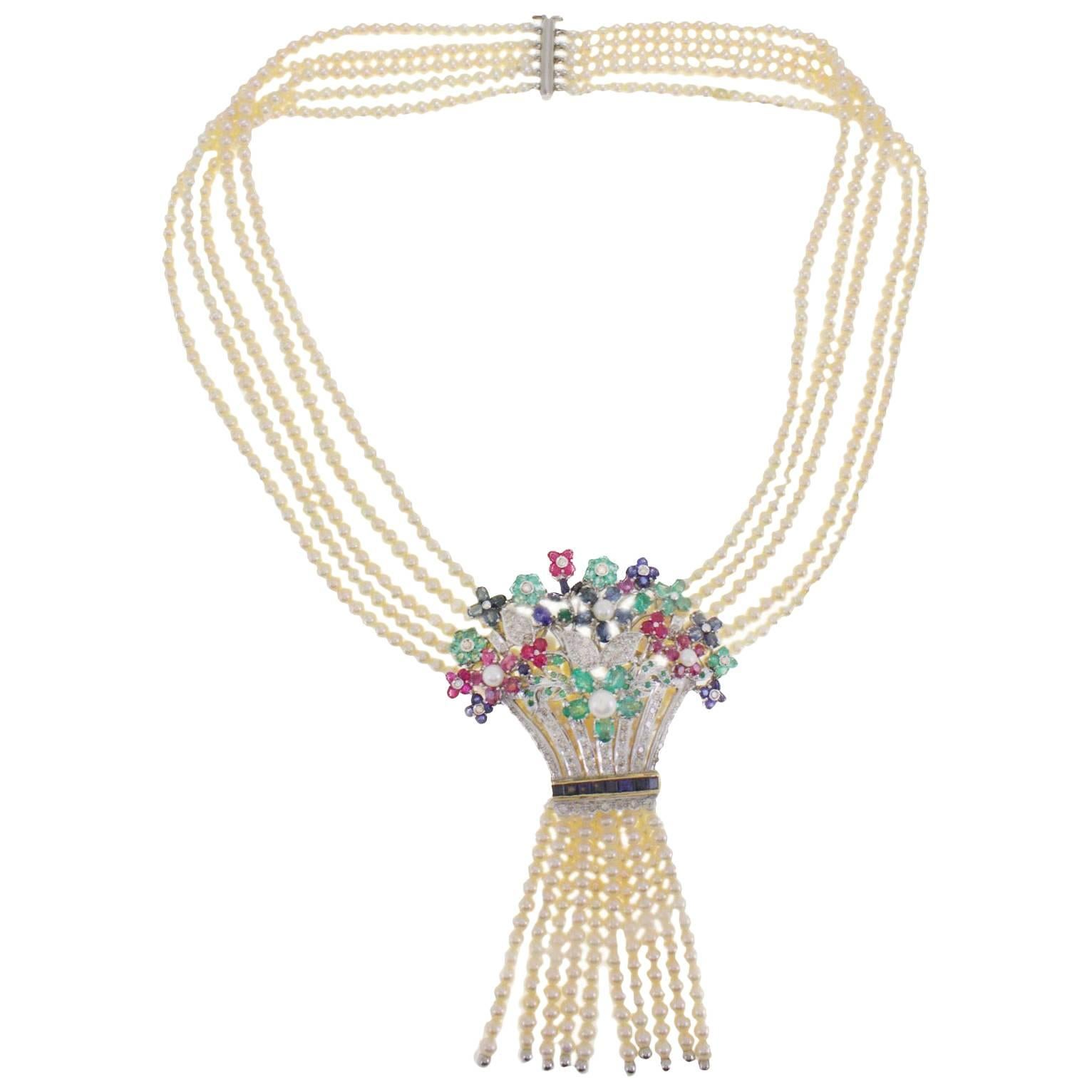 Diamond Emerald Ruby Pearl Bouquet Beaded Gold Necklace