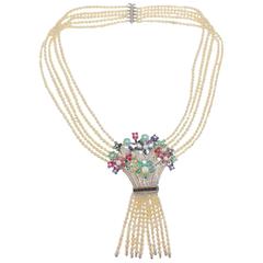 Luise Diamond Emerald Ruby Pearl Bouquet Beaded Necklace 9