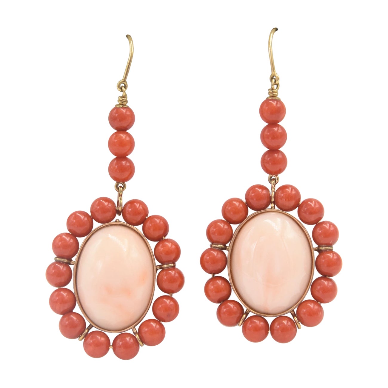 Coral Dangling Drop Gold Earrings For Sale